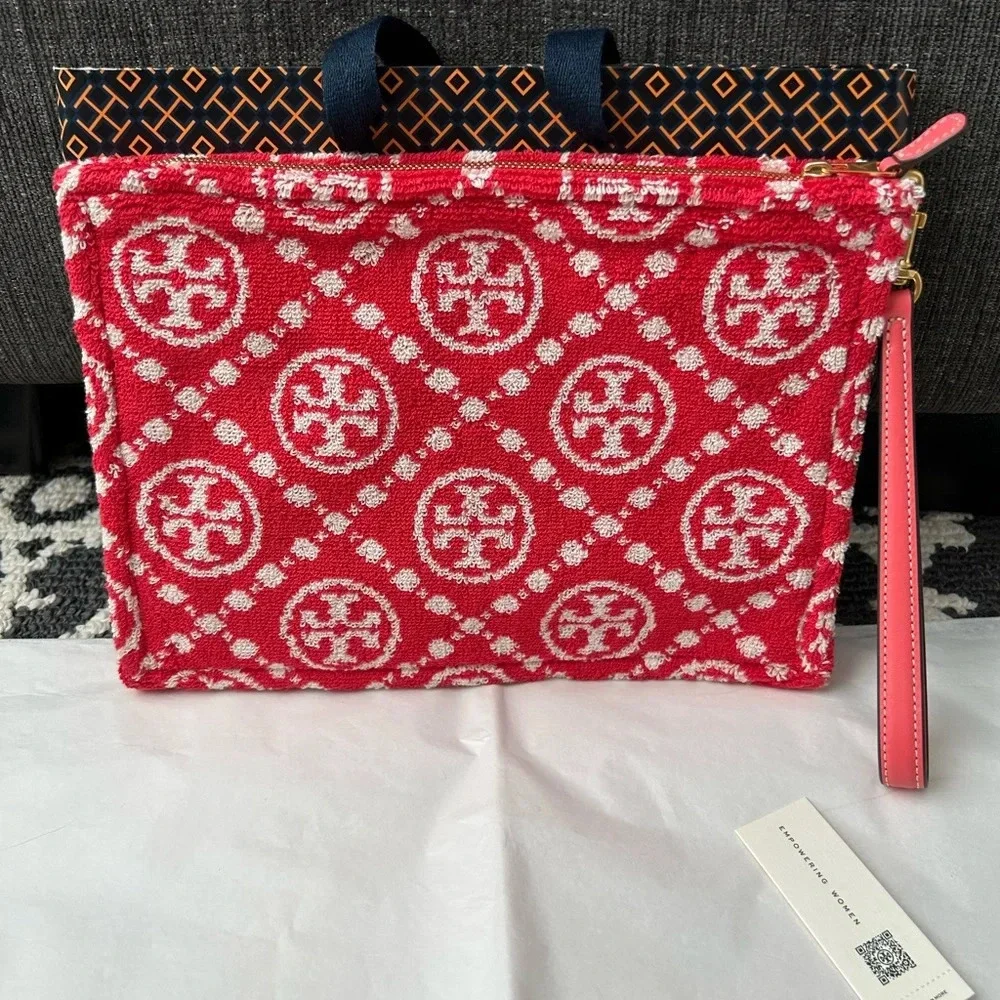 Tory Burch T Monogram Terry Pouch Wristlet Strawberry Red White Gold